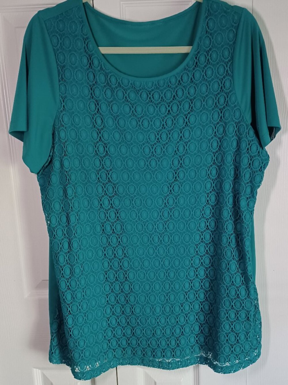Susan Graver Stretch Lace with Liquid Knit Back Short Sleeve Jungle Jade sz 1X
